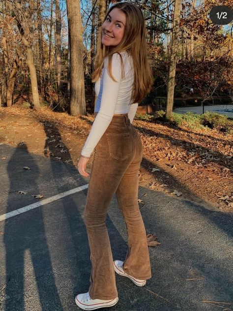 Brown Velvet Trousers Outfit, Courdory Flare Pants Outfits, Bootcut Corduroy Pants Outfit, Tan Flare Pants Outfit, Velvet Jeans Outfit, Corduroy Flare Pants Outfit, Velvet Flare Pants Outfit, Courdory Pants Outfits, Transformation Clothes