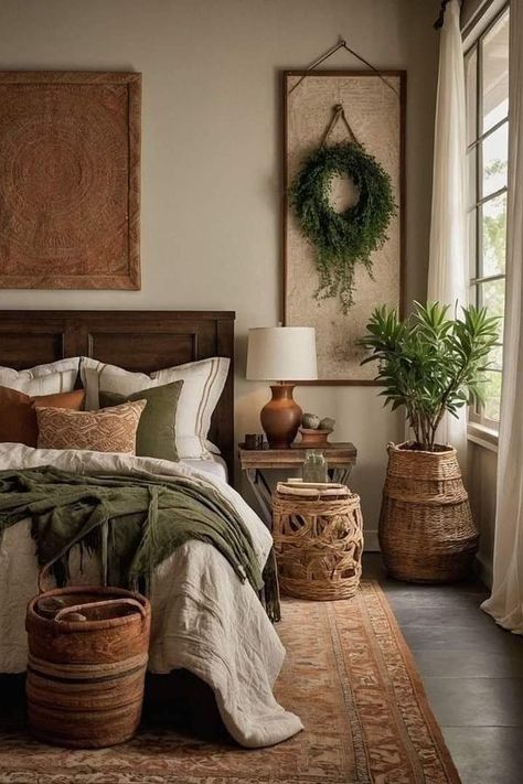 Guest Bedroom Natural Decor, Wooden Bench Bedroom, Guest Room Green, Earthy Bedroom, Bedroom Decor Cozy, Stil Boho, Cottage Bedroom, Cozy Room Decor, Wooden Bench