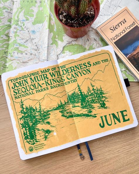 Katie | Bullet Journal on Instagram: “June Cover • Continuing my tradition of doing a camping theme in June 🏕️ My cover page used to be the front of a envelope containing maps…” Camping Bujo Theme, Travel Elements, Scrapbook Inspo, Camping Journal, Kings Canyon National Park, Journal Travel, My Journal, Mountain Goat, Bullet Journal Themes