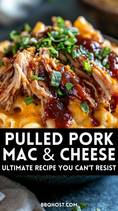 Looking for the perfect pulled pork dinner idea? This pulled pork mac and cheese bowl is everything you need in a hearty meal. With tender BBQ pork and a creamy mac and cheese base, it's an irresistible combination that's ready in no time. Whether you're hosting a get-together or just craving something delicious, save this pin now and click through for the full guide! Pulled Pork Sammies, Pulled Pork Macaroni And Cheese, Shredded Pork Mac And Cheese, Mac And Cheese With Pulled Pork, Pulled Pork Mac And Cheese Crockpot, Pulled Pork Mac And Cheese Recipes, Pulled Pork Meal Ideas, Pulled Pork Meals, Pulled Pork Dinner Ideas