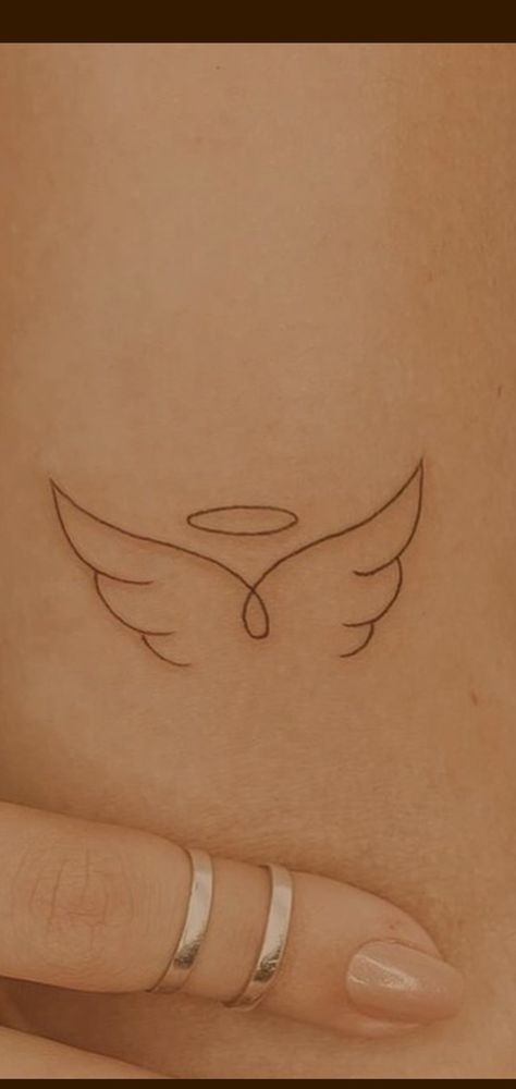 Angle Halo Tattoo, Simple Halo Tattoo, Simple Angle Tattoos, Small Dainty Angel Wing Tattoo, Pretty Wings Tattoo, 11:11 Tattoo Angel Wings, Angel Tattoo Minimalist Simple, Aesthetic Angel Wings Tattoo, Halo Tattoo Ideas Guardian Angels