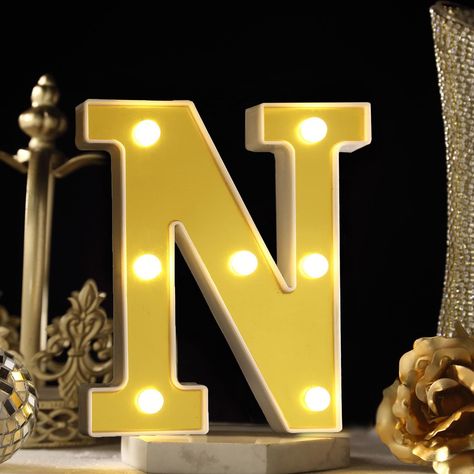 6" | 3D Gold Marquee Letters | 7 LED Light Up Letters | Warm White LED Letter Lights - N Living Room Accent Pieces, Letter Lights, Led Ball, Prom 2020, Light Up Letters, Marquee Sign, Marquee Lights, Light Letters, Marquee Letters