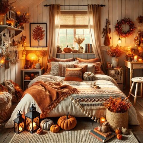 Room Inspo Brown Furniture, Fall Theme Room, Fall Themed Room, Fall Themed Bedroom, Fall Bedroom Aesthetic, Fall Lights, House Cozy, Fall Bloxburg, Autumn Room