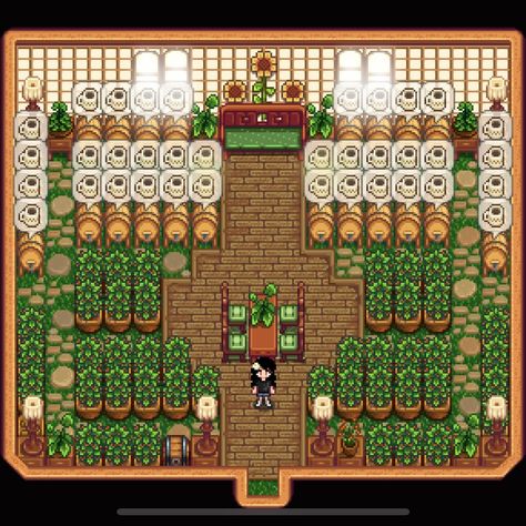 Stardew Valley Tea Room Design, Stardew Valley Trellis Layout, Stardew Valley Golden Clock Design, Stardew Valley Shed Layout Aesthetic, Stardew Tea Shed, Stardew Valley Green House Layout, Stardew Valley Path Design, Shed Designs Stardew Valley, Stardew Valley Preserve Jar Shed