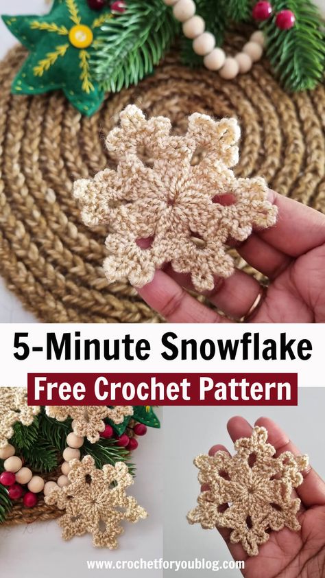 5-Minute Crochet Snowflake Free Pattern - Crochet For You Natal, Crochet Christmas Ornaments Free, Crochet Ornament Patterns, Snowflake Patterns, Christmas Crochet Patterns Free, Crochet Snowflake Pattern, Crochet Christmas Gifts, Crochet Xmas, Crochet Christmas Trees