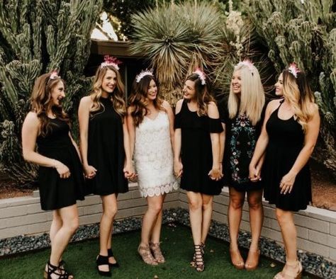 Bachelorette Party Group Outfit Ideas Black And White Hens Party Outfits, Bride In White Bridesmaids In Black Bachelorette Party, White And Black Bachelorette Outfit, Hen Do Black And White Outfits, Black Dresses Bachelorette Party, Black Dress For Bachelorette Party, Bachelorette Dress Up Ideas, Bachelorette Black And White Outfits, Little Black Dress Bachelorette Party