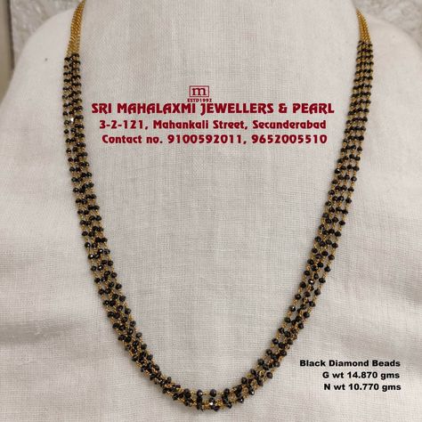 Black Chains Jewelry Gold, Black Beads With Gold Balls, Black Diamond Chains Indian, Long Black Beads Chain Indian, Black Diamonds Chains, Black Diamond Nallapusalu, Black Beads Long Chain Designs, Short Black Beads Designs, Latest Black Beads Designs