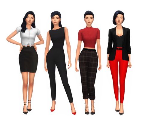 ➤ business casual perfect professional looks for the everyday business woman ▶  assistant  - hair // top // skirt // shoes   ▶  event planner - hair // jumpsuit // shoes   ▶  consultant - hair // top... Sims 4 Business, Jumpsuit Shoes, Business Clothes, Sims 4 Teen, Sims 4 Characters, Sims4 Clothes, Fashion Buyer, Sims 4 Cas, Fashionable Outfits