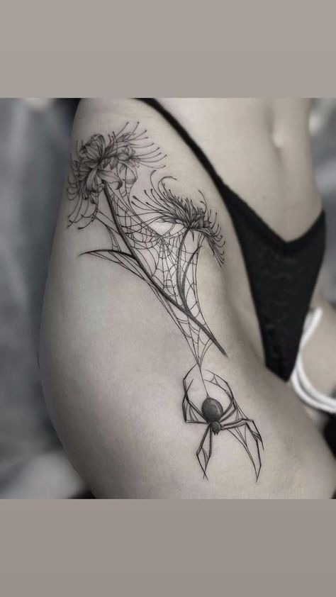 Creepy Plant Tattoo, Tato Panda, Spider And Flower Tattoo, Arm Pit Tattoo, Spooky Floral Tattoo, Woman Leg Tattoo, Bmw Tattoo, Bmth Tattoo, Stile Pin Up