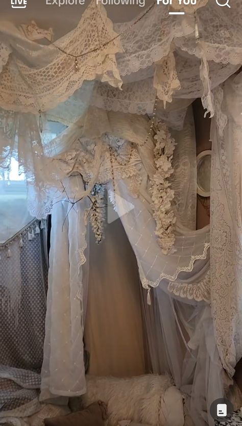 Lace Bed Canopy, Lace Canopy Bed, Angelcore Room, Lace Canopy, Diy Canopy, Room Goals, Redecorate Bedroom, Pretty Room, Dreamy Room