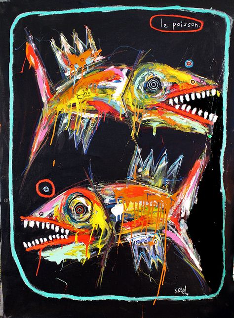 "the fish" by Matt Sesow Matt Sesow, Basquiat Art, Arte Occulta, ポップアート ポスター, Outsider Artists, Illustration Photo, Art Brut, Arte Animal, Colorful Fish