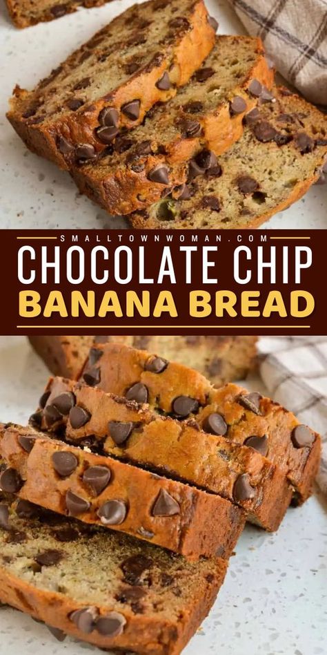 Turn your over-ripe bananas into a back-to-school breakfast idea! This Chocolate Chip Banana Bread recipe comes easily with simple ingredients full of semi-sweet chocolate chips and bananas. Enjoy a freshly baked slice of banana bread for an easy breakfast on the go! Banana Bread Two Bananas, Ripe Banana Recipes Chocolate, Quick Banana Recipes, What To Make With Ripe Bananas, What To Do With Ripe Bananas, Ripe Banana Recipes Easy, Banana Bread Recipe 2 Bananas, Banana Bread Recipe No Eggs, Ripe Bananas Recipes