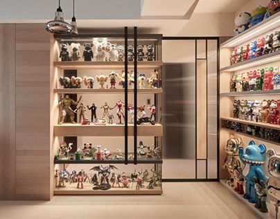 THINKING DESIGN | ACTION FIGURE'S HOUSE on Behance Toy Collection Room, Action Figure Display Case, Toy Collection Display, Toy Cabinet, Geek Room, Display Cabinet Design, Figurine Display, Lego Display, Otaku Room