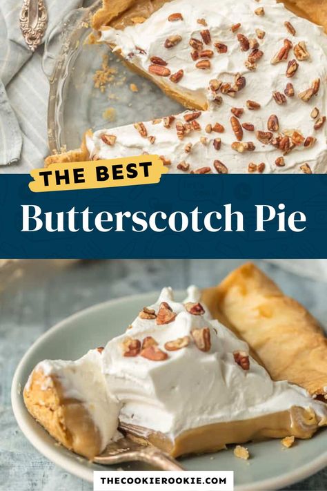 This classic Butterscotch Pie Recipe features sweet butterscotch filling piled high with fluffy whipped cream! This no-bake pie recipe is ideal for holidays like Thanksgiving, Christmas, or any other special occasion when you need something timeless and delicious. Pop over to my site for the recipe! Butterscotch Pie Recipe, Cheesecake Strawberries, Easy Cream Pie, Butterscotch Pie, Dessert Halloween, Dessert Original, Baked Cheesecake, Butterscotch Pudding, Whoopie Pie