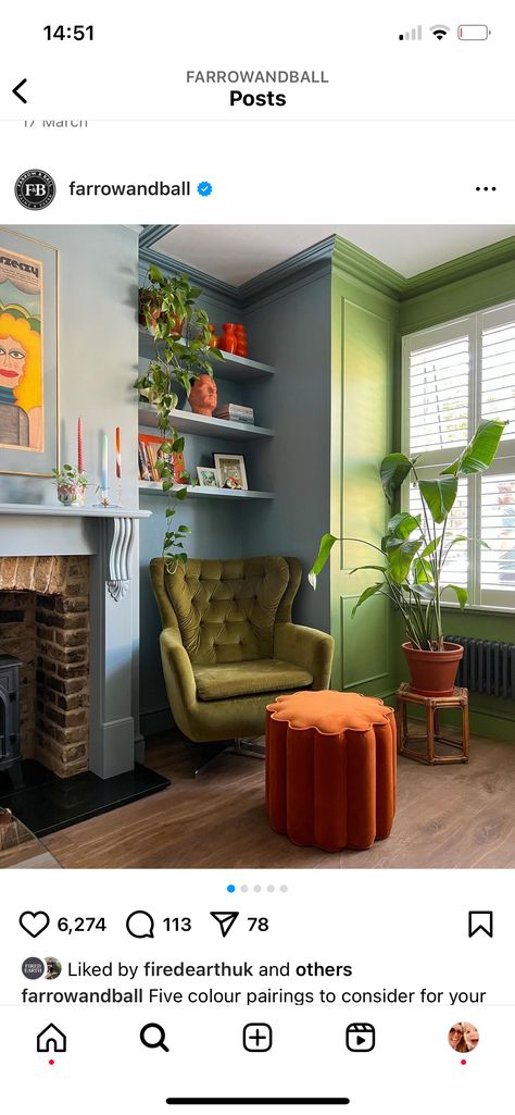 Farrow And Ball Living Room, Colorful Eclectic Home, Terrace Living Room, Victorian Living Room, Living Room Orange, Living Room Color Schemes, Cosy Living Room, Room Color Schemes, Interesting Design