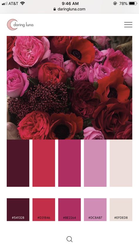 Reds And Pinks Palette, Fuschia Pink Color Palette, Romance Colour Palette, Pink Purple And Red Wedding, Magenta Website Design, Shades Of Red Color Palette Wedding, Magenta Wedding Colors Colour Palettes, Fusha Color Palette, Viva Magenta Flowers