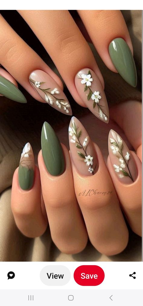 French Tip Nails With Sage Green, Wedding Nails With Leaf Design, Sage Nails With Design, Black And Sage Nail Designs, Dark Green Nails For Wedding, Wedding Nails Forest Green, Bridesmaid Nails Eucalyptus, Leafy Nail Designs, Dark Green Floral Nails