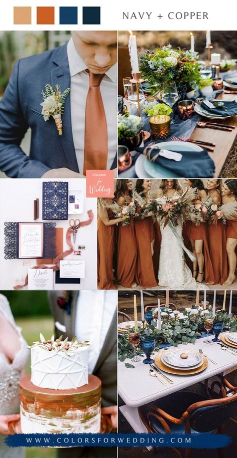 Copper Wedding Colors, Navy Wedding Colors, Fall Wedding Color Schemes, Rusting Wedding, Wedding Color Combinations, Navy And Copper, Wedding Color Pallet, Wedding Color Combos, Mauve Wedding