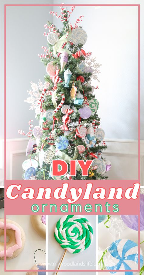 Come check out my Candyland Christmas tree and learn how to make three different kinds of DIY Candyland Christmas decorations - donuts, large lollipops, small swirl lollipops, and candies. These DIY ornaments are easy to make, inexpensive, and dry overnight. They're also fun to make with the kids. I also share the sources for the other ornaments on my tree (all under $2 each!). Natal, Candyland Ornaments, Diy Candyland, Candy Decorations Diy, Large Lollipops, Diy Christmas Candy, Candy Christmas Tree, Ribbon Ideas, Christmas Lollipops