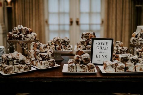 Cinnamon Roll Dessert Table, Cinnamon Roll Bar At Wedding, Cinnamon Roll Wedding Display, Cinnamon Rolls Wedding Display, Wedding Cinnamon Rolls, Cinnamon Roll Display, Cinnamon Rolls Wedding, Cinnamon Roll Wedding, Ballroom Wedding Ceremony