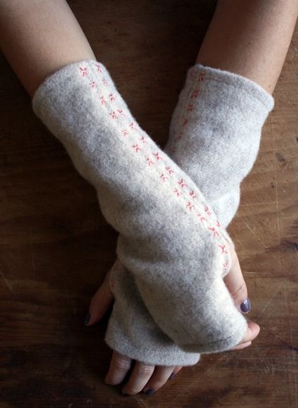 Felted Wool Wrist Warmers | Purl Soho Purl Bee, Purl Soho, Old Sweater, Upcycle Sweater, Wool Projects, Wool Crafts, Wrist Warmers, Embroidery Craft, Beautiful Knitting