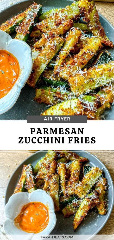 2 photos of air fryer parmesan zucchini fries served on a grey plate, with a serving of spicy mayo dipping sauce. Healthy French Fries Alternative, Healthy Dinner Zucchini, Fries Alternative, Air Fryer Parmesan Zucchini, Vegan Zucchini Fries, Gluten Free Vegetarian Appetizers, Zucchini Fries Recipe, Dinner Zucchini, Paleo Food Ideas