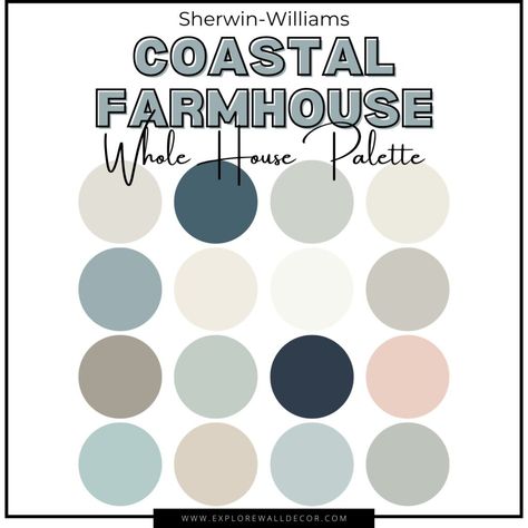 7 Serene Sherwin Williams Coastal Farmhouse Interior Paint Colors - Explore Wall Decor Coastal Farmhouse Paint Colors, Farmhouse Paint Palette, Whole House Paint Palette, House Paint Palette, Interior Paint Color Palette, Farmhouse Paint Colors Interior, House Palette, Farmhouse Color Palette, Interior Paint Palettes