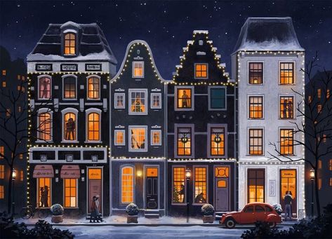 Christmas City Illustration, Amsterdam Houses, Building Illustration, City Drawing, Christmas Town, City Illustration, Christmas Poster, Winter Art, Christmas Illustration