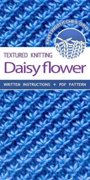 KnittingStitches -- The Art of Knitting, knit Daisy flower stitch #knittingstitches #knitpurl Textured Knitting, Flower Stitch, Knitting Stitch Patterns, Knitting Stitches Tutorial, Crochet Knit Stitches, Lace Knitting Patterns, Baby Blanket Knitting Pattern, Knitting Instructions, Minecraft Pixel Art