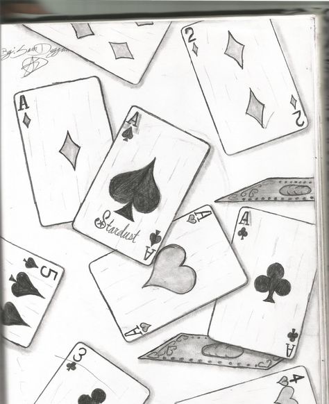 Cards Drawing Poker Easy, Card Drawings Ace, Drawing Of Cards, Card Deck Drawing, Deck Of Card Drawing, Playing Cards Sketch, Deck Of Cards Art Ideas, Playing Card Sketch, Index Card Drawings