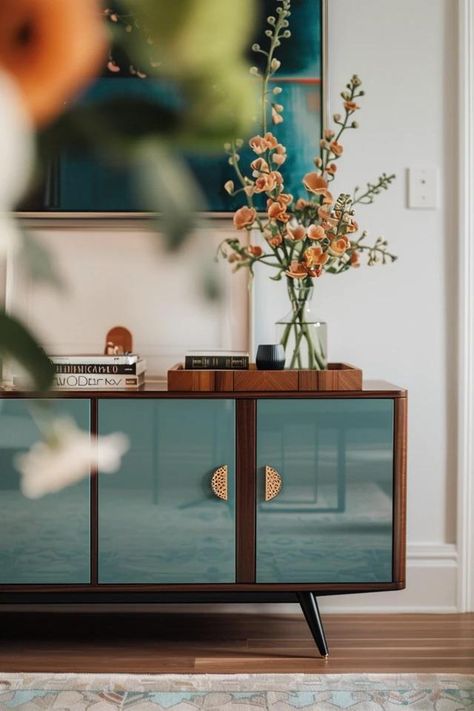 Dining Room Sideboard - Elevate Your Space with These Ideas Glass Sideboard Styling, Sideboard Painting Ideas, How To Dress A Sideboard, Buffet Styling Dining Room, Coloured Sideboard, Sideboard Styling Decor Ideas, Dining Room Sideboard Ideas, Blue Sideboards And Buffets, Styling Sideboard