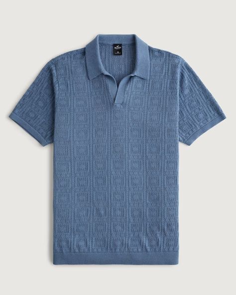 Men's Johnny Collar Sweater Polo | Men's Tops | HollisterCo.com Old Man Fashion, Sweater Polo, Johnny Collar, Geo Pattern, Blue Crew, Polo Blue, Men's Tops, Contrast Collar, Collar Sweater