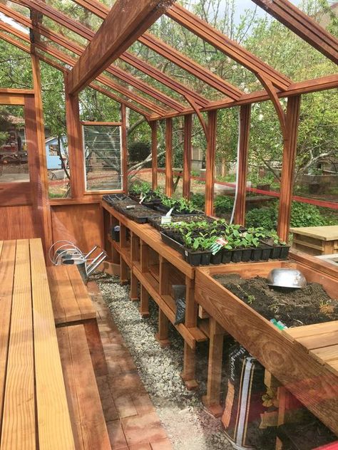 Greenhouse Water Feature, Greenhouse Workbench Diy, Greenhouse Inside Ideas, Greenhouse Set Up Inside, Greenhouse Shelving Ideas, Greenhouse Shelf, Greenhouse Layout, Greenhouse Inspiration, Greenhouse Interior