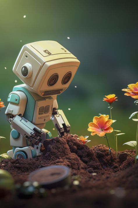 funny cute robot in the garden Nature Robot Art, Robot Plant, Robot Bear Wallpaper, Robot Flower, Robot Love Art, Robots Taking Over The World, Griffin Art, Spending Time In Nature, Sentient Beings