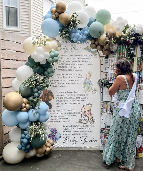 Storybook Voyage Backdrop Personalized Baby Shower Decoration - Etsy Storybook Balloon Arch, Storybook Party Theme, Once Upon A Baby Shower Ideas, Boy Baby Shower Ideas Spring, Baby Boy Themed Baby Shower Ideas, Baby Shower Disney Theme Boy, Baby Shower Storybook Theme, Story Book Theme Baby Shower Ideas, Books Baby Shower Theme