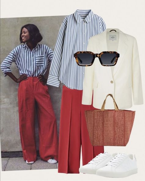 Red Trousers Outfit, Outfits For Women Over 50, White Outfits For Women, Outfits Styling, Red Trousers, Color Combos Outfit, Moda Jeans, Cooler Look, Red Pants