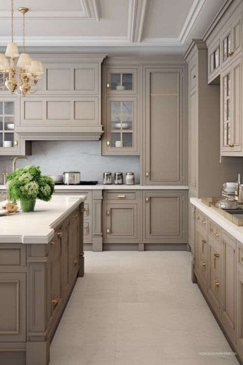 How to Infuse Warmth and Sophistication into Your Kitchen Beige Taupe Kitchen Cabinets, Taupe And Cream Kitchen, Griege Kitchens Modern, Coffee Color Kitchen, Taupe Cabinets Kitchen, Beige And Black Kitchen, Dark Taupe Kitchen Cabinets, Kitchen Colours Ideas, Griege Kitchens