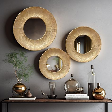 PRICES MAY VARY. Beautiful modern design: this round wall mirror set includes three metal lacquered circles of different sizes, with a round mirror in the center of each. Effortlessly combines contemporary design with functional elegance.This dector mirror is the perfect blend of minimalist elegance and contemporary design. Transform your space with the modern allure of our wall accent mirror. High-quality materials: the frame and waves are made of iron metal, and the mirror is made of mirror gl Metal Wall Mirror, Small Wall Mirrors, Wall Mirrors Set, Rattan Mirror, Large Wall Mirror, Inspire Me Home Decor, Boho Wall Hanging, Living Room Mirrors, Mirror Set