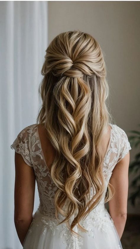 Chic Half Up Half Down Wedding Hairstyles: 15 Stunning Ideas for Your Big Day 46 Half Up Half Down Ideas, Bridesmaid Hair Inspo, Bridal Hair Half Up, Bridemaids Hairstyles, Half Up Wedding, Down Wedding Hairstyles, Half Up Wedding Hair, Wedding Hair Half, Half Up Half Down Wedding