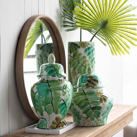 Tropical Home Decor Living Room, Tropical Kitchen Decor, Modern Tropical Decor, Tropical Colours, Tropical Chic Decor, Tropical Interior Design, Kitchen Storage Canisters, Tropical Interior, Green Porcelain