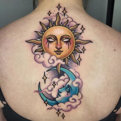 Alice Burke on Instagram: "Sun and moon for Tyler this morning! Sat like she was having a massage. 😂 apologies for swollen pores, whaddayagonnado? 🤷‍♀️ Done @highwater_gallery Spnsd by @butterluxe_uk Using @ghostcartridges" Tattoo Sonne, Moon Sun Tattoo, Blue Rose Tattoos, Cloud Tattoo, Sun And Moon Drawings, Sun Tattoos, Tatuaje A Color, Line Work Tattoo, Sun Tattoo