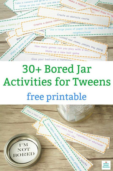 I'm bored! Print off our bored jar activities for tweens. A jar packed full of activities to keep kids engaged and having fun. Beat boredom!  #boredjarforkids #summeractivitiesforkids #stufftodowhenbored #thingstodowhenboredathome #boredjarfortweens #boredjarforteens #boredjarprintable Bored Jar Ideas, I'm Bored Jar, Jar Activities, Activity Jar, Jar Printable, Jar Image, Bored Jar, Bored Kids, Indoor Kids