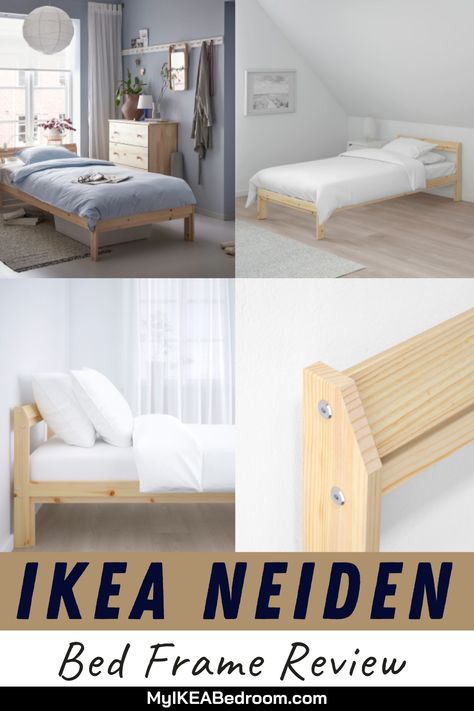 IKEA NEIDEN Bed Frame Review: One feature that we instantly noticed was the attractive finishing of the IKEA NEIDEN bed frame. The IKEA NEIDEN bed frame is solid; a center support beam has been included in the design to make the bed frame firm. It also has a slatted base. From us, this is a good buy, and it is durable. Ikea Single Bed, Ikea Wooden Bed Frame, Ikea Neiden Bed, Neiden Bed Frame Hack, Neiden Bed, Neiden Ikea Headboard, Neiden Bed Frame, Neiden Bed Frame Hack Kids, Ikea Neiden Bed Hack