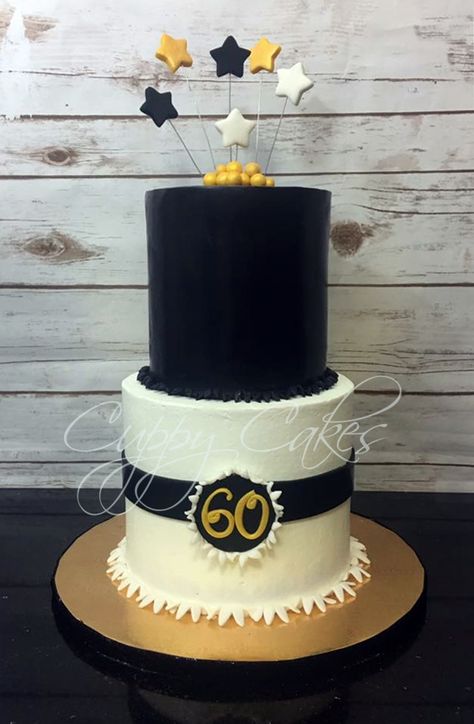 Black and gold 2 tier birthday cake in buttercream with fondant accents 60th Birthday Cake 2 Tier, 60th Birthday Cake For Men, 2 Tier Birthday Cake, Tier Birthday Cake, 60th Birthday Cake, Fondant Cakes Birthday, Tiered Cakes Birthday, 60th Birthday Cakes, 50th Birthday Cake