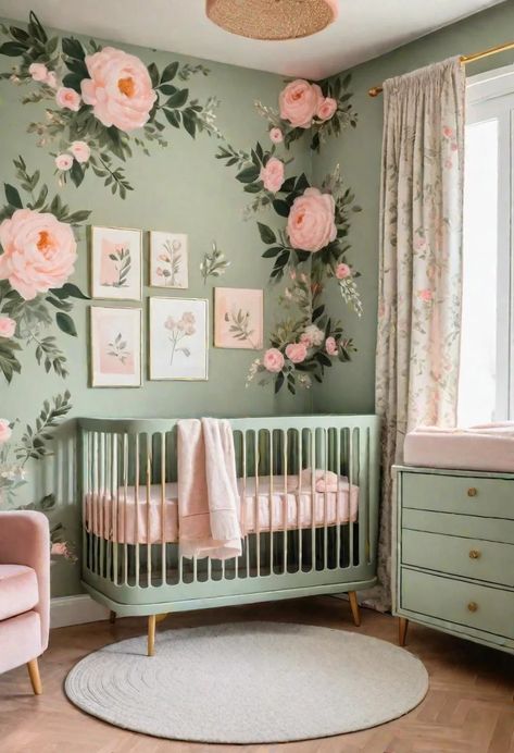 Pink Yellow Green Nursery, Crib Color Ideas, Pastel Baby Girl Nursery, Nursery Themes Green, Lavender Baby Nursery, Sage Green Pink Nursery, Green Pink And White Bedroom, Pink And Sage Green Nursery, Baby Girl Nursery Green And Pink