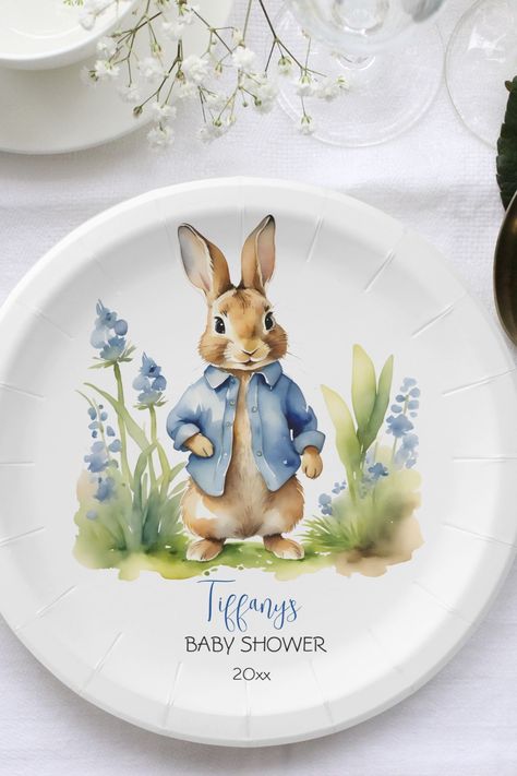 Peter rabbit baby shower personalized tableware template party plates cute bunny plates Peter Rabbit Theme Party, Plates Cute, Baby Shower Plates, Bunny Plates, Garden Baby Showers, Baby Shower Templates, Baby Shower Flowers, Rabbit Baby, Blue Bell