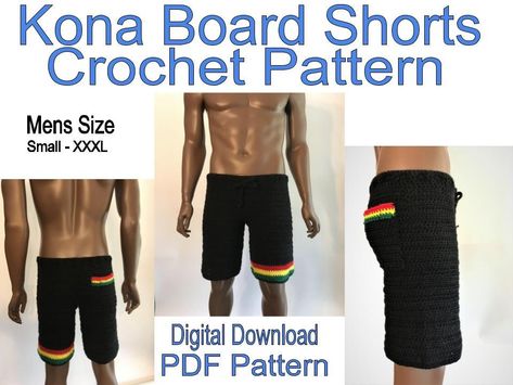 The Kona Board Shorts Crochet Pattern is ready! Get your copy in my etsy shop IslandStyleCreations.etsy.com #Rasta #Crochet #BoardShorts #Pattern #diy Crochet Men’s Shorts Pattern, Crochet Mens Shorts Pattern Free For Men, Crochet Mens Shorts, Mens Shorts Pattern, Rasta Crochet, Crochet Beach Pants, Crochet Mens, Shorts Pattern Free, Crochet Men