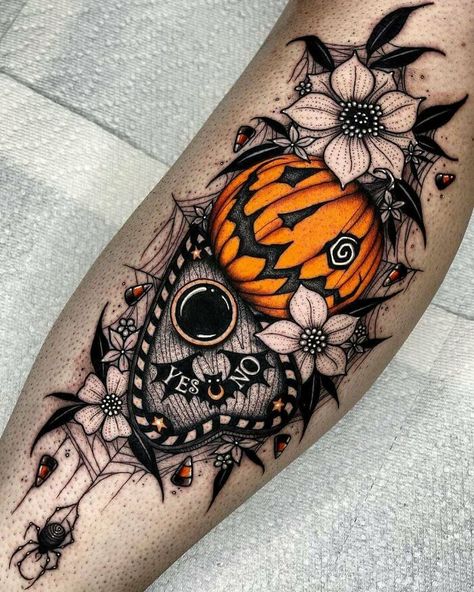 Aggrogoth Tattoo, Ouija Tattoo, Holiday Tattoo, Gotik Tattoo, Cute Halloween Tattoos, Halloween Tattoo Ideas, Halloween Tattoos Sleeve, Pumpkin Tattoo, Movie Tattoos