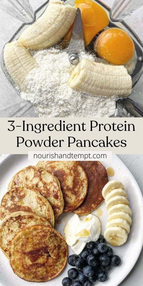 A quick and easy high protien pancake recipe featuring 3-ingredients - eggs, banana and protein powder. A finished stack serves up 30g+ protein! Fast Protein Breakfast Ideas, Banana Pancakes With Protein Powder, Protein Powder Easy Recipes, Healthy Low Cal Dinner Ideas, Banana Protein Pancakes 3 Ingredients, 3 Ingredient Protein Waffles, Protein Packed Pancakes, Iso Protein Powder Recipes, Breakfast After Gym