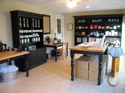 This is a sewing room, but I love the black painted furniture and all the organization. Ikea Sewing Rooms, Sewing Spaces, Sewing Room Design, Dream Craft Room, Craft Room Design, Sewing Room Organization, Scrapbook Room, Room Black, Office Crafts